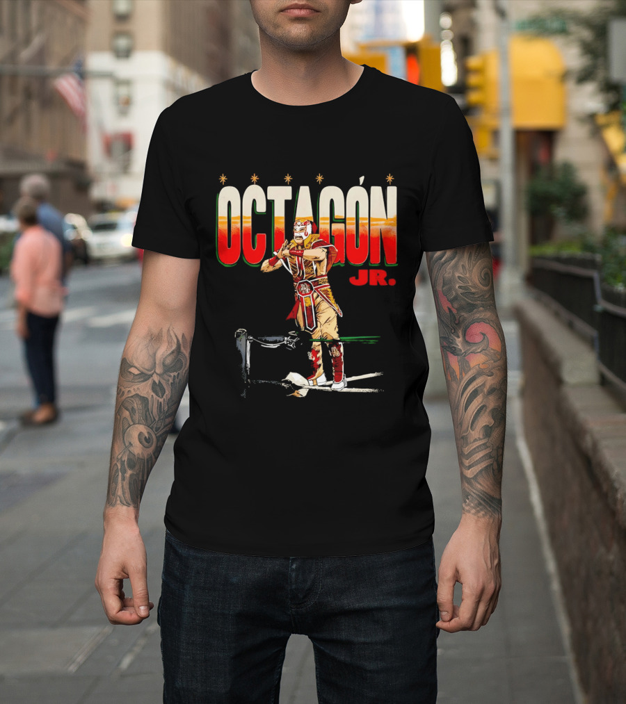 Octagon Jr Masked Lucha Libre Wrestler Ring Ropes Stars Distressed T-Shirt