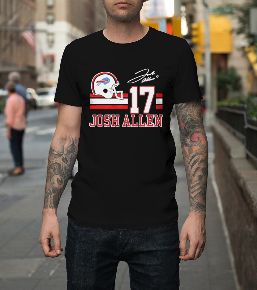 Josh Allen 17 Buffalo Bills Helmet Red Stripes Distressed T-Shirt