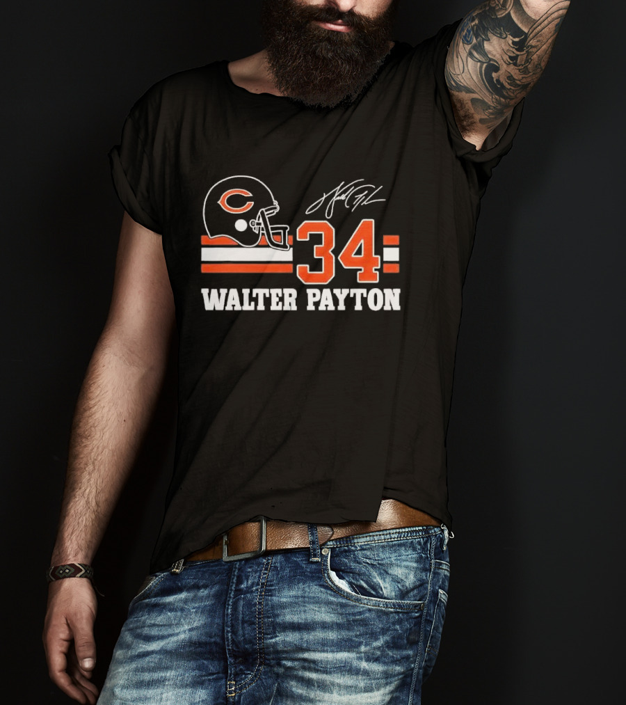 Chicago Bears Walter Payton 34 Distressed Helmet Stripes Signature T-Shirt