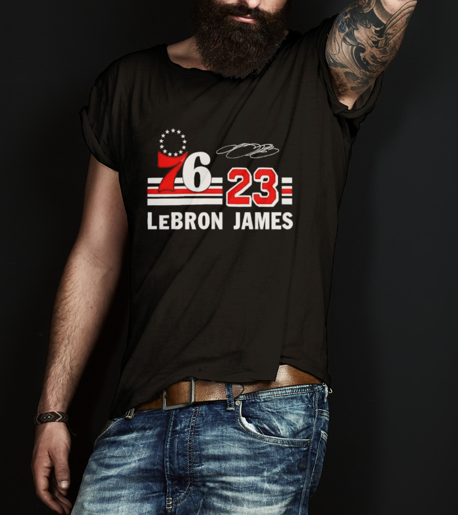 Philadelphia 76 23 Lebron James Red White Stripes Distressed T-Shirt