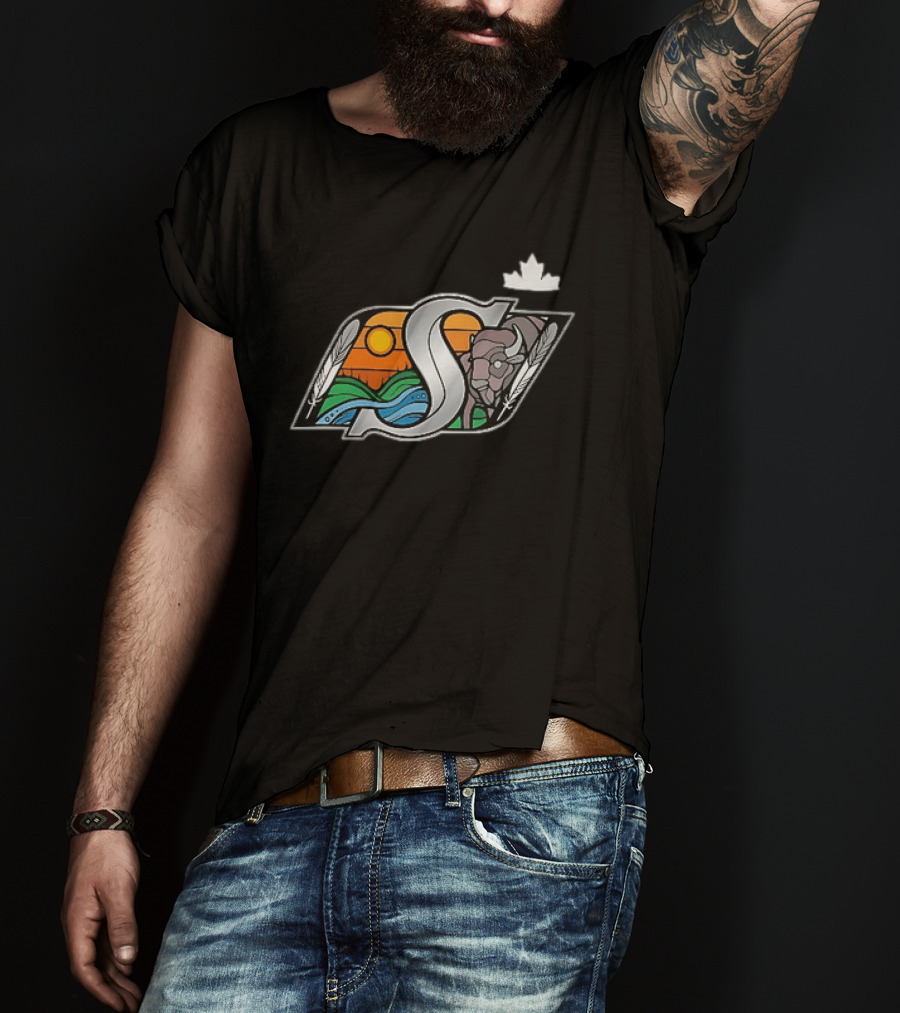 Saskatchewan Roughriders 2025 Indigenous Heritage Special Buffalo Sunrise Feather River T-Shirt