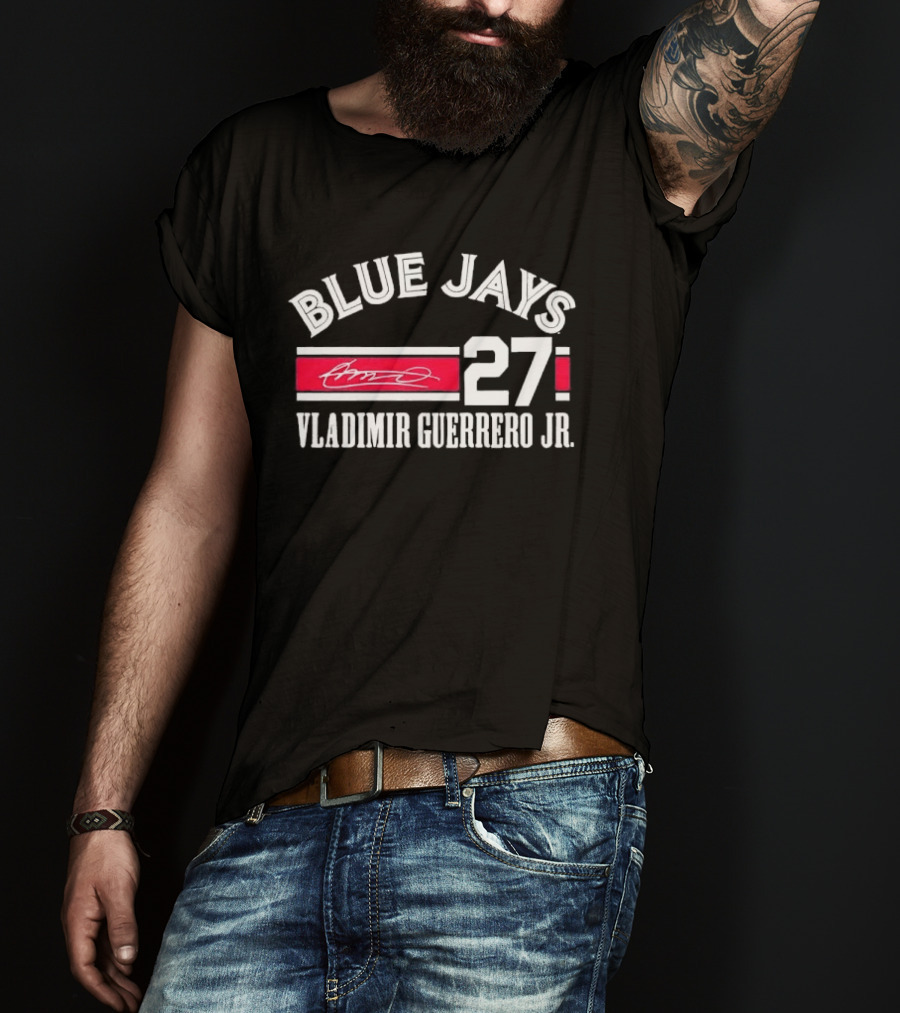 Blue Jays Vladimir Guerrero Jr 27 Red Stripe Signature Distressed T-Shirt