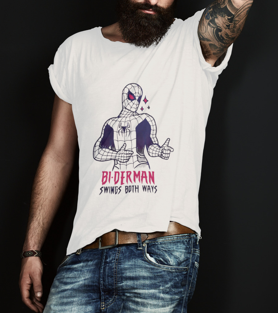 Bi Derman Swings Both Ways Spider Man LGBTQ Superhero T-Shirt