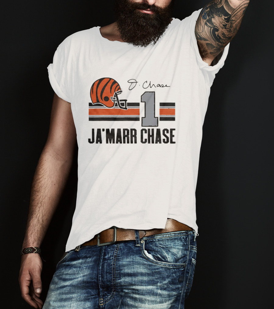 Cincinnati Bengals Ja'Marr Chase Helmet 1 J Signature Stripes Wood Texture T-Shirt