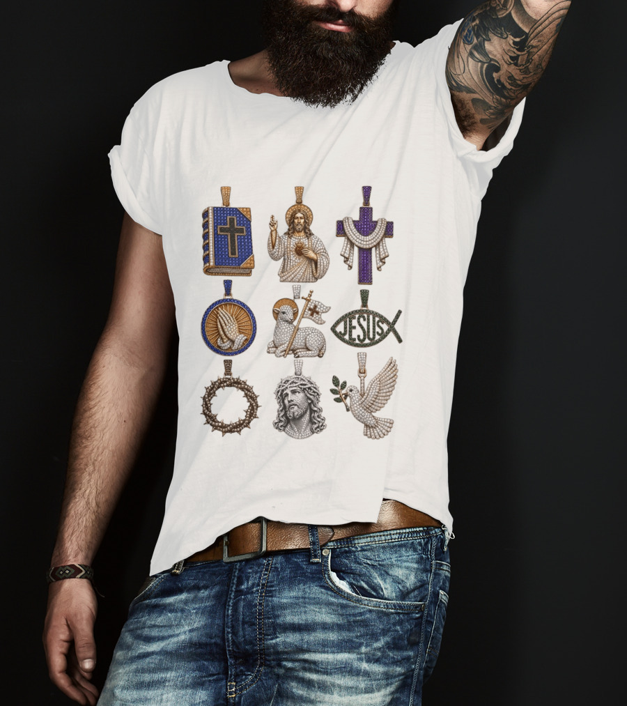 Jesus Cross Bible Lamb Fish Dove Crown Praying Hands Gemstone Pendants Collection T-Shirt