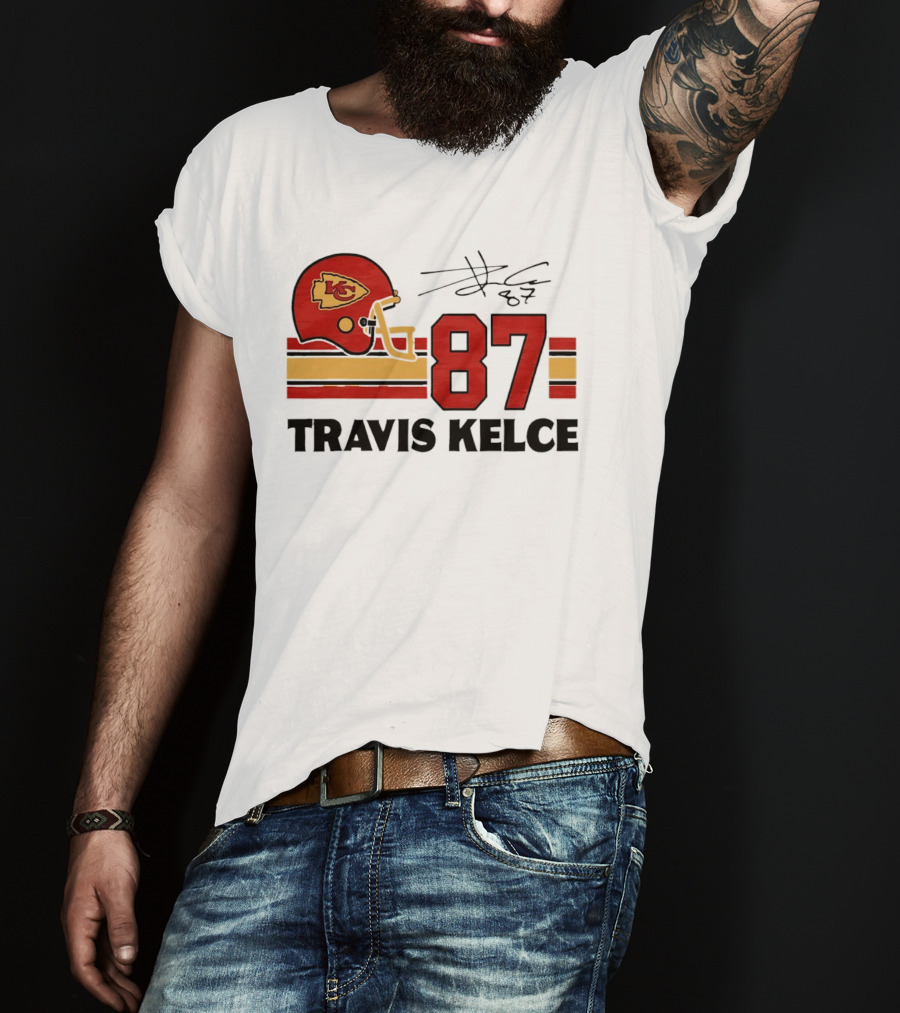Kansas City Chiefs Travis Kelce 87 Red Gold Helmet Stripes T-Shirt