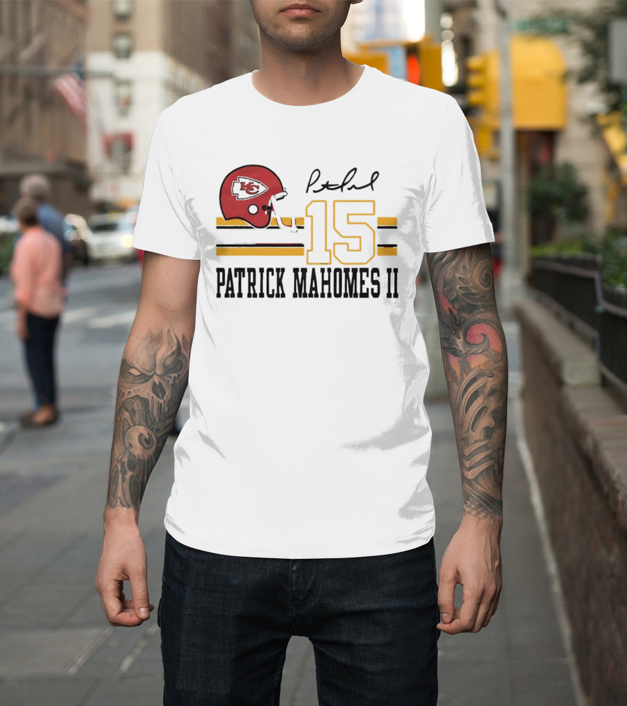 Kansas City Chiefs Patrick Mahomes II Number 15 Signature Football Helmet Stripes T-Shirt
