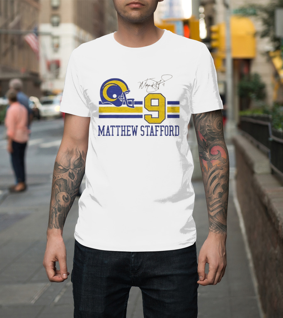 Los Angeles Rams Matthew Stafford Helmet Autograph Number 9 Blue Yellow Stripes T-Shirt