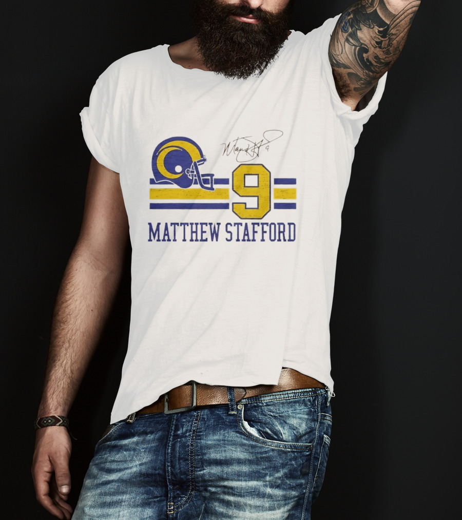 Los Angeles Rams Matthew Stafford Helmet Autograph Number 9 Blue Yellow Stripes T-Shirt