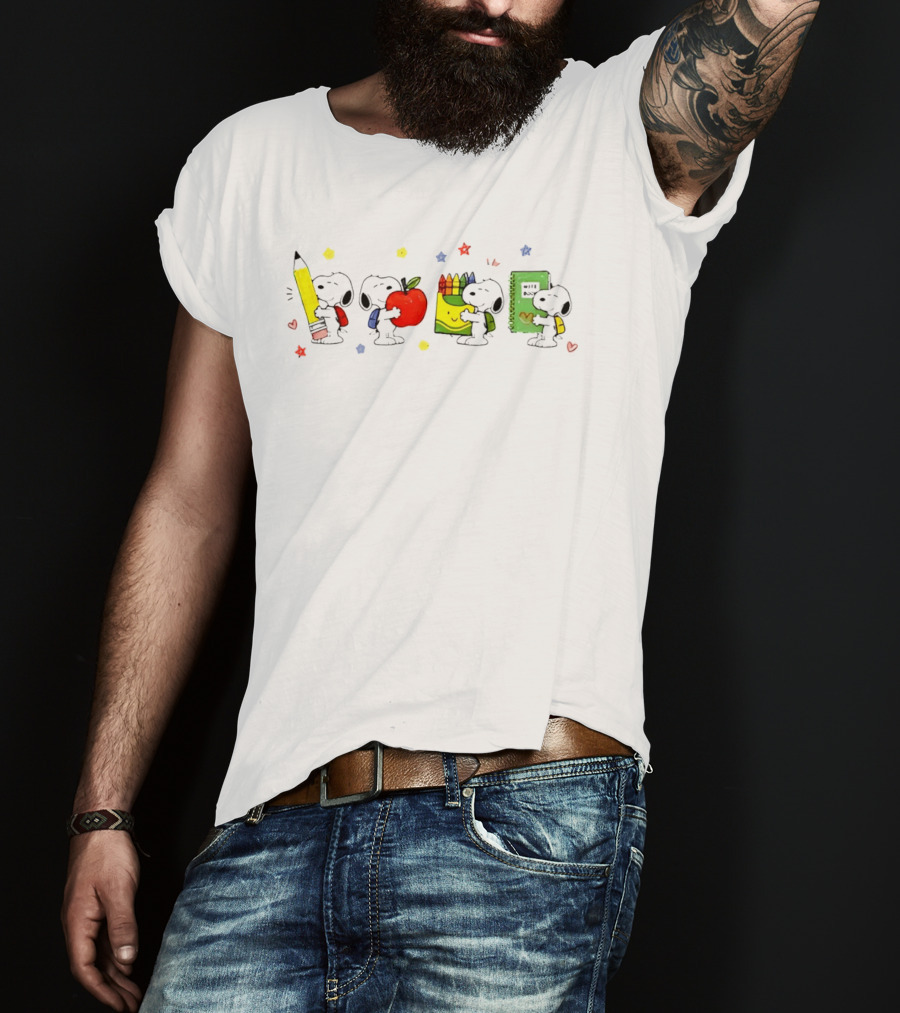 Peanuts Snoopy Cartoon Characters With School Supplies Pencil Apple Crayons Notebook T-Shirt