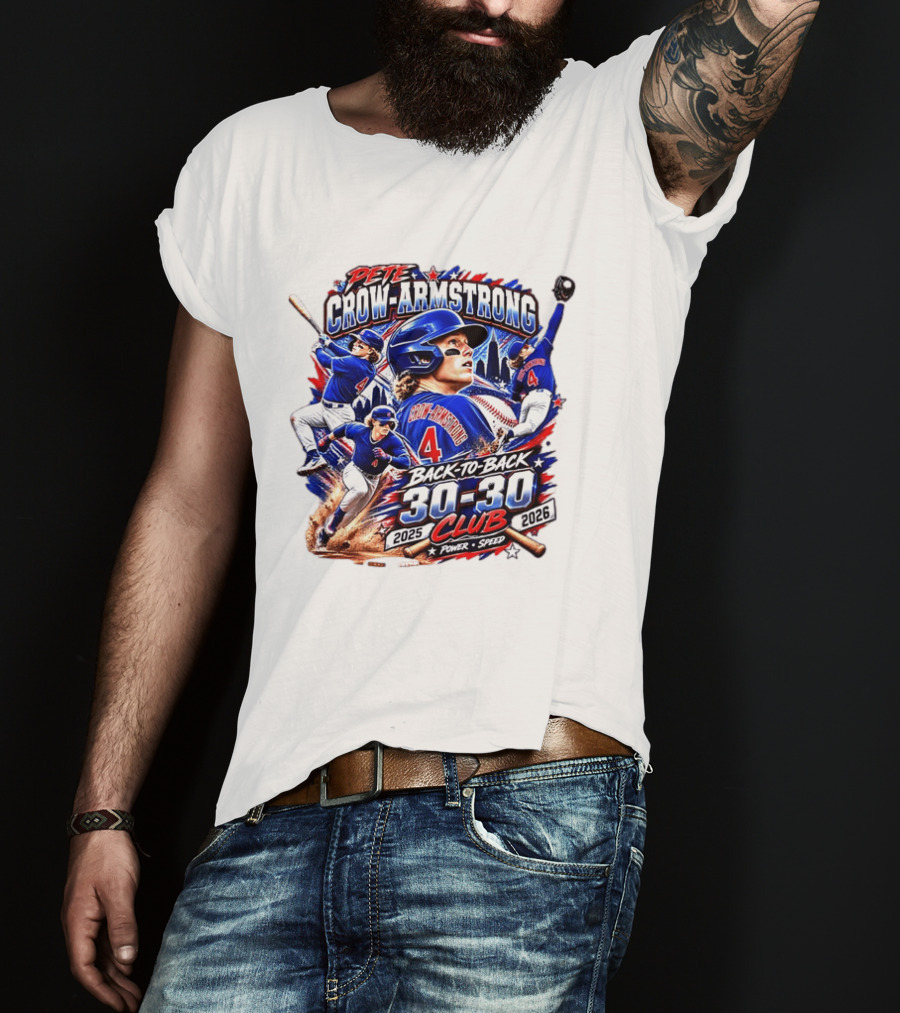 Pete Crow Armstrong Back To Back 30 30 Club 2025 2026 Power Speed Chicago Baseball Action Skyline T-Shirt