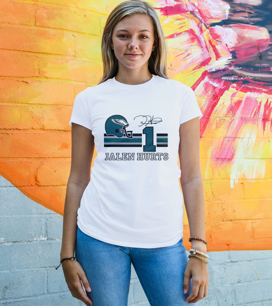Philadelphia Eagles Jalen Hurts Helmet Number 1 Signature T-Shirt