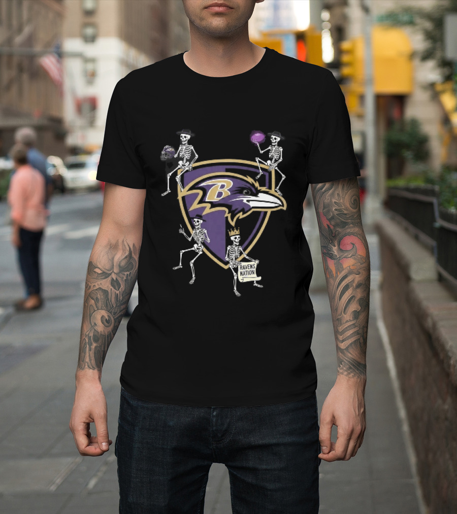 Baltimore Ravens Nation Skeletons Football Helmet Shield Ravens Logo Halloween T-Shirt