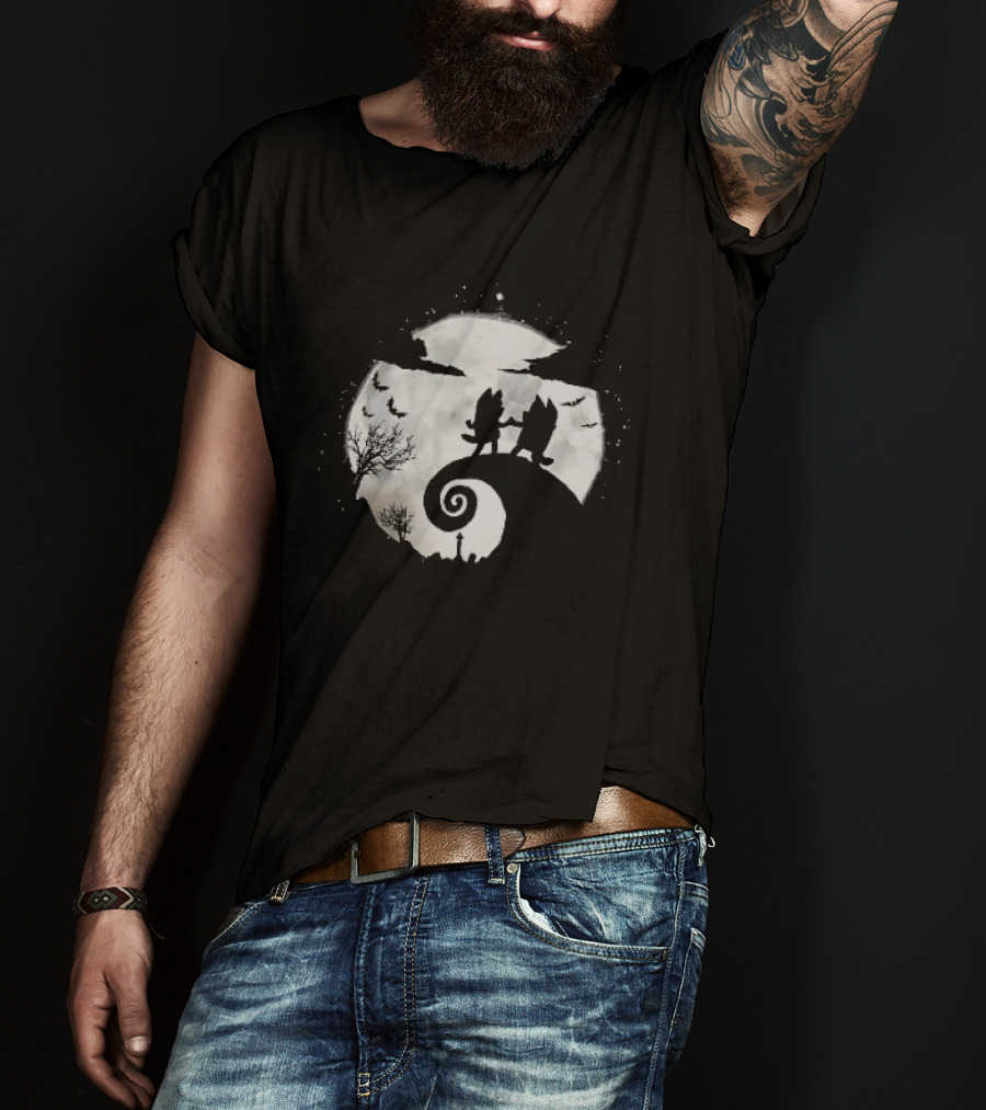 Bluey And Bingo Halloween Mashup With Iconic Moonlit Hill Scene T-Shirt