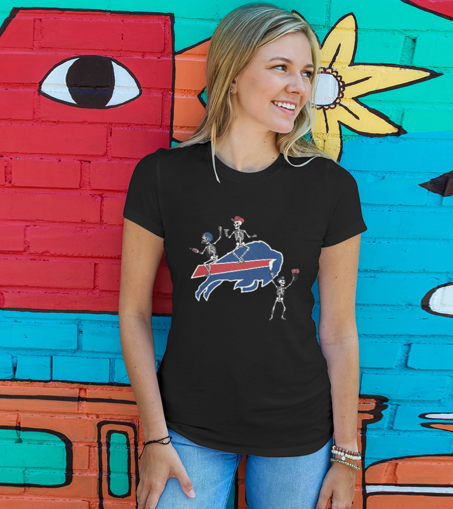 Buffalo Bills Skeletons Riding Logo With Cowboy Hats And Footballs T-Shirt