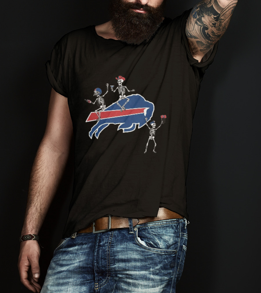 Buffalo Bills Skeletons Riding Logo With Cowboy Hats And Footballs T-Shirt