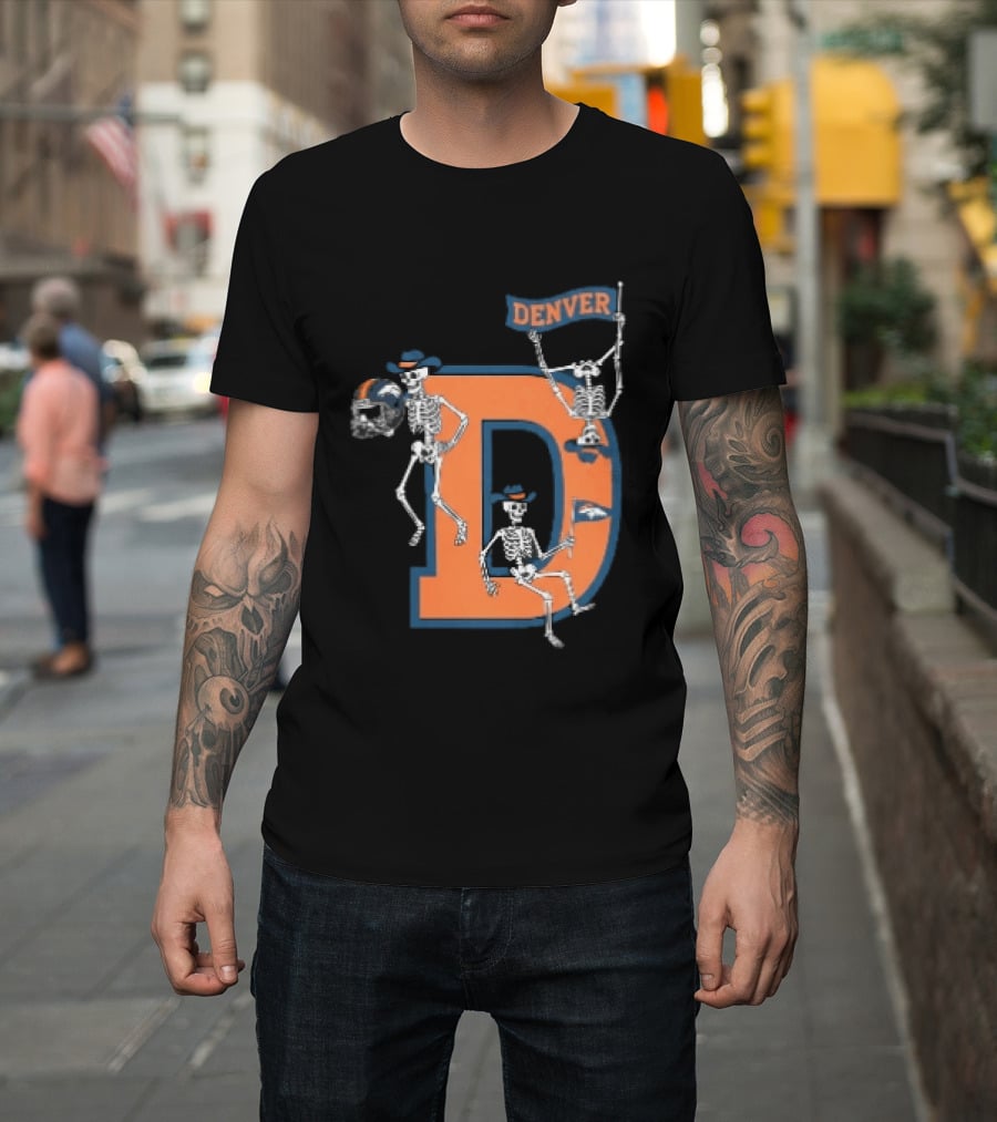 Denver Broncos Skeletons Cowboy Hats Big D Helmet Flag Orange T-Shirt