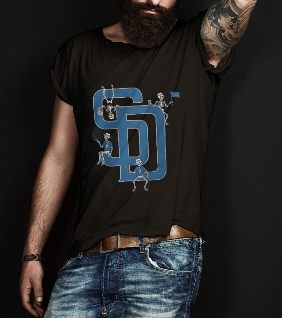Detroit Lions San Diego Padres MLB Skeletons Interlocking SD T-Shirt