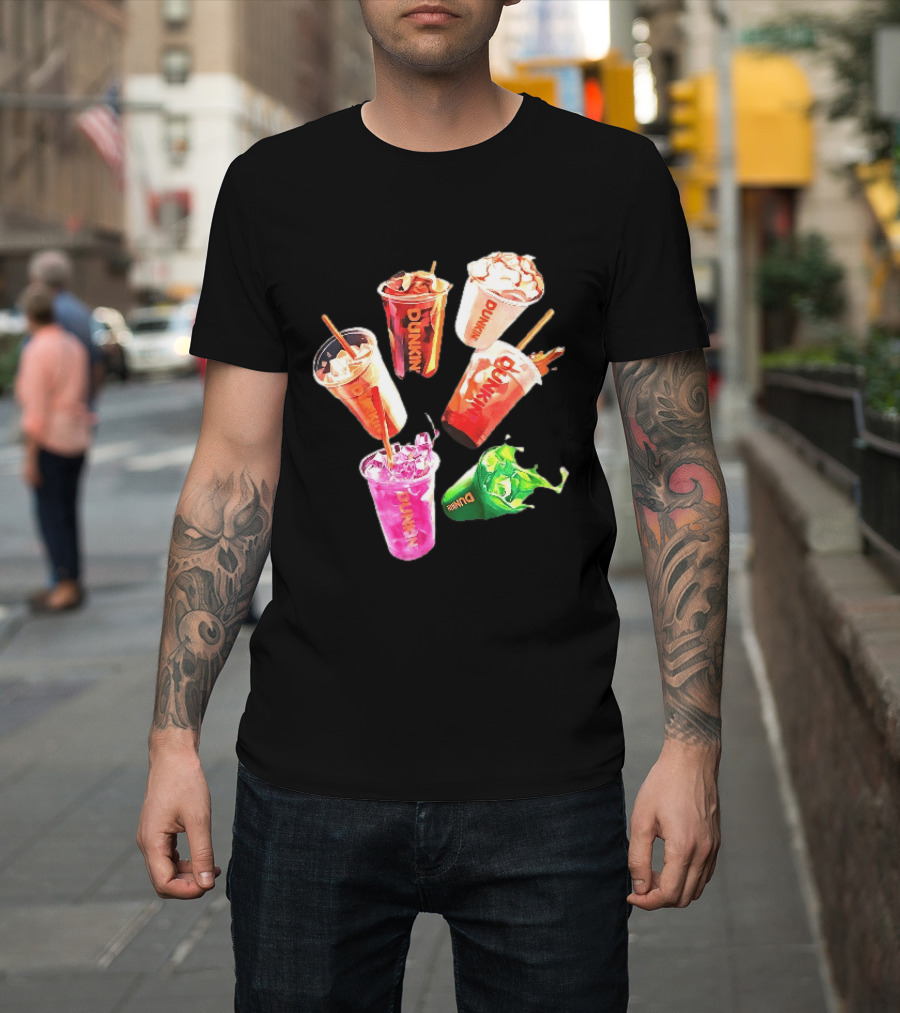 Dunkin Colorful Iced Coffee Beverages Splash With Straws T-Shirt