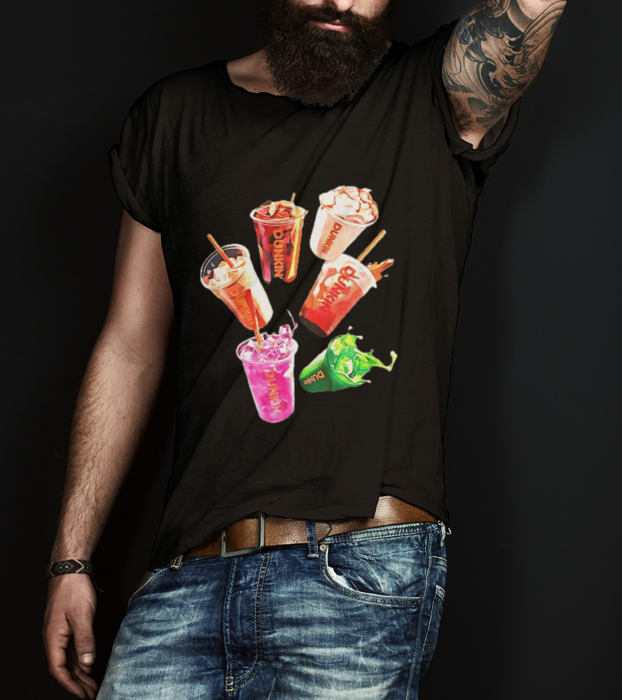 Dunkin Colorful Iced Coffee Beverages Splash With Straws T-Shirt