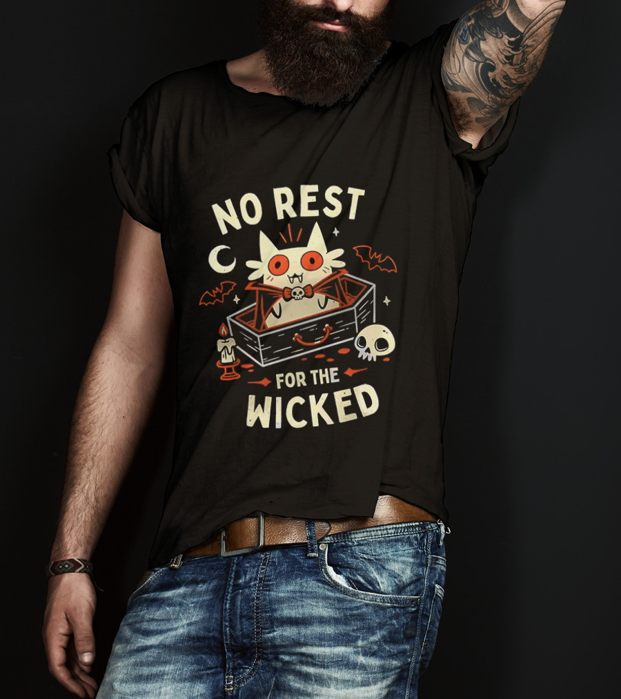 No Rest For The Wicked Vampire Cat Halloween Humor With Bats And Skull T-Shirt