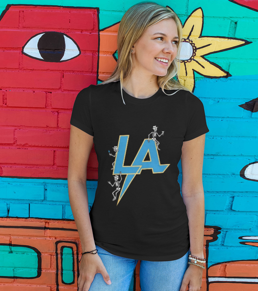 Los Angeles Chargers Skeletons On LA Lettering With Lightning Bolt T-Shirt