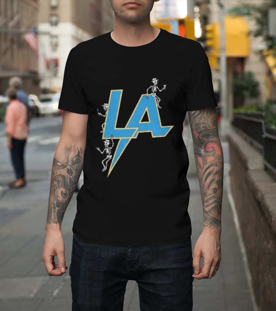 Los Angeles Chargers Skeletons On LA Lettering With Lightning Bolt T-Shirt
