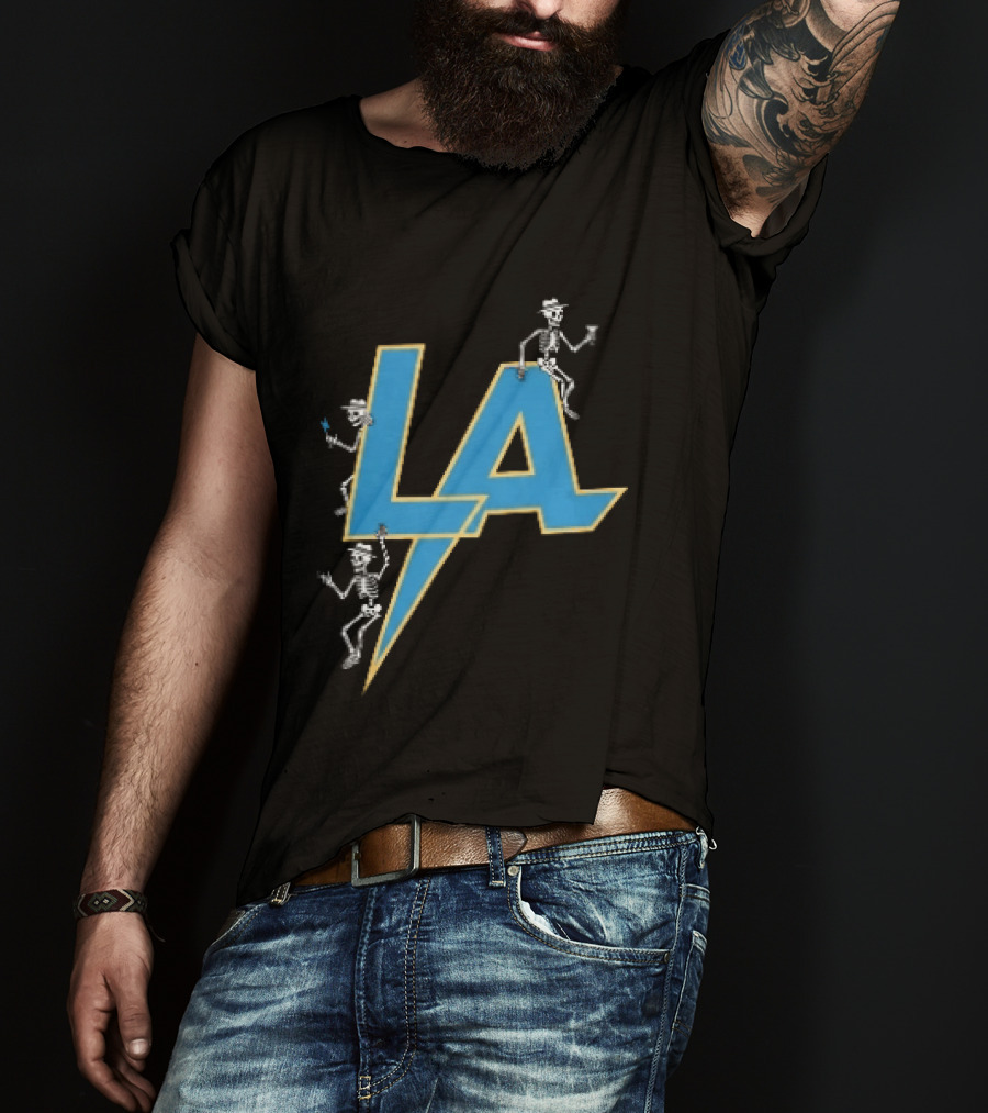 Los Angeles Chargers Skeletons On LA Lettering With Lightning Bolt T-Shirt