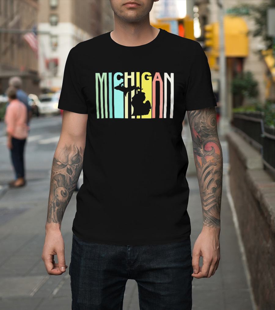 Michigan Colorful Vertical Stripe Map T-Shirt