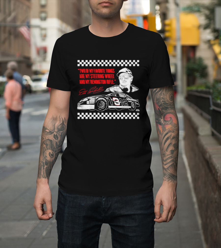 Two Of My Favorite Things Are My Steering Wheel And My Remington Rifle Racing Car 3 Checkered Flag T-Shirt