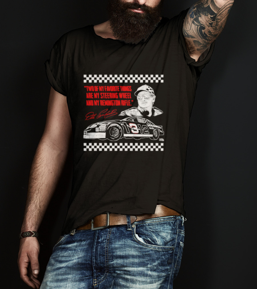 Two Of My Favorite Things Are My Steering Wheel And My Remington Rifle Racing Car 3 Checkered Flag T-Shirt