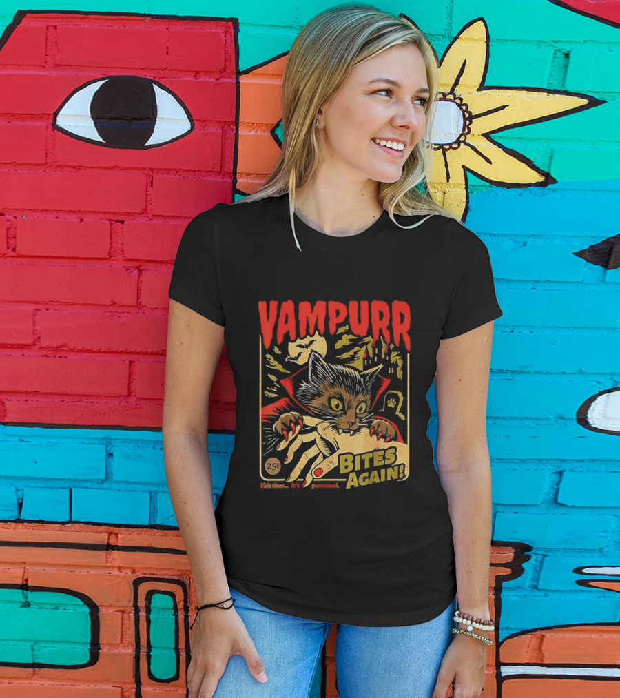 Vampurr Bites Again Vampire Cat Halloween Vintage Spooky Paws T-Shirt