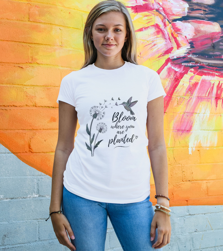 Bloom Where You Are Planted Hummingbird Dandelion Seeds Heart Sketch T-Shirt