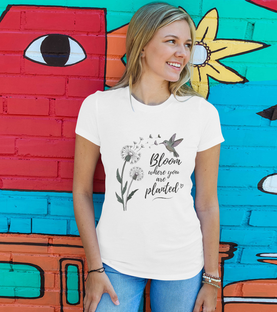 Bloom Where You Are Planted Hummingbird Dandelion Seeds Heart Sketch T-Shirt