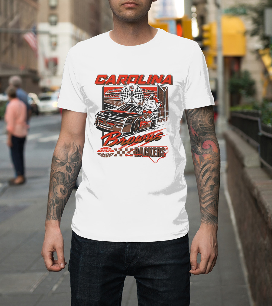 Carolina Browns Backers Racing Stadium Elf Car Checked Flag T-Shirt