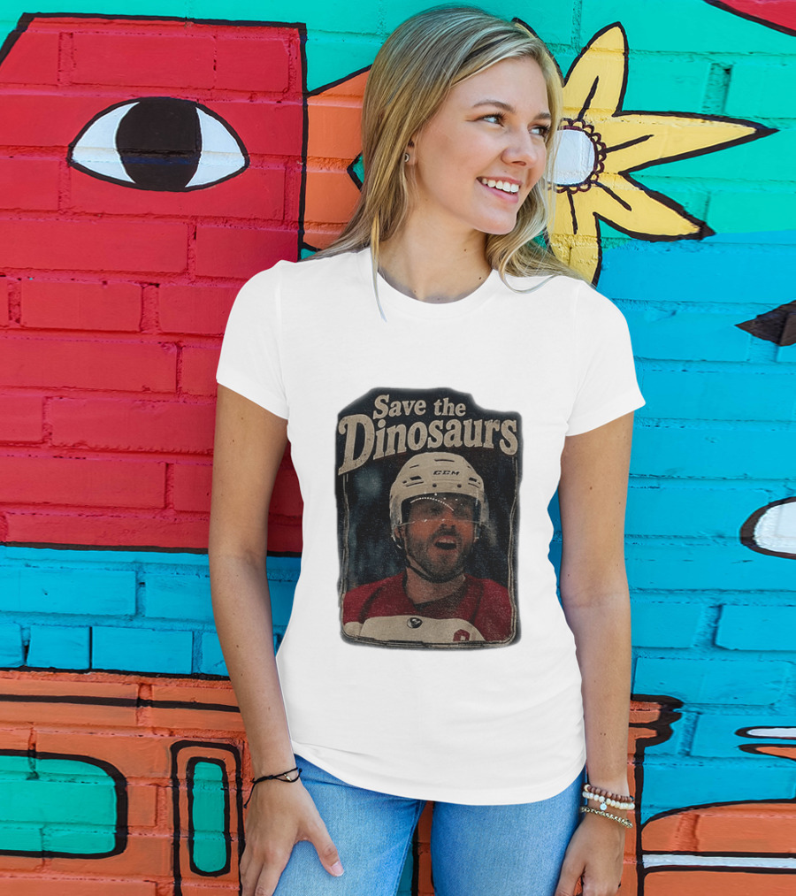 Connor Storrie Wearing Scott Hunter Save The Dinosaurs CCM Hockey T-Shirt