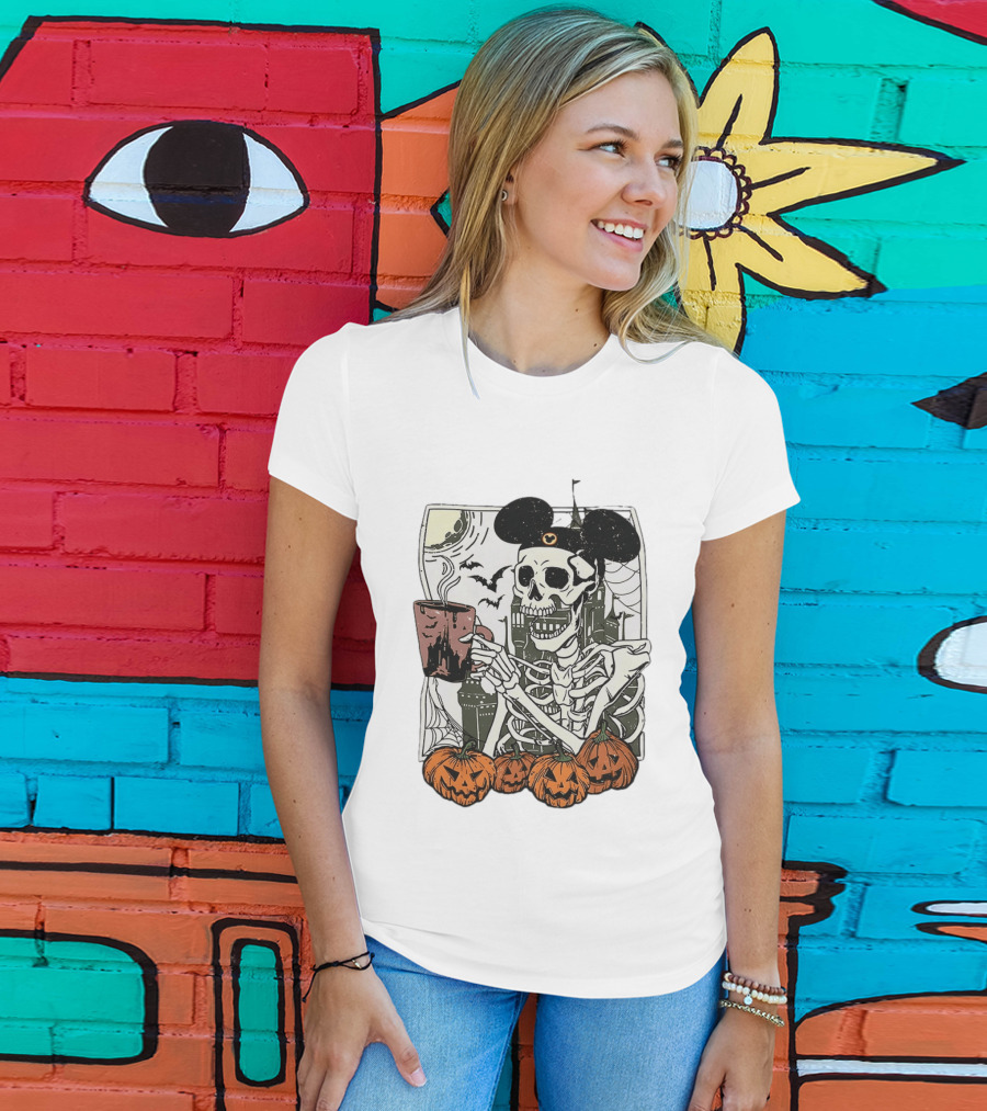 Spooky Skeleton With Coffee Mouse Ears Pumpkins Bats Halloween 2026 T-Shirt