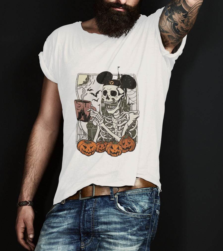 Spooky Skeleton With Coffee Mouse Ears Pumpkins Bats Halloween 2026 T-Shirt