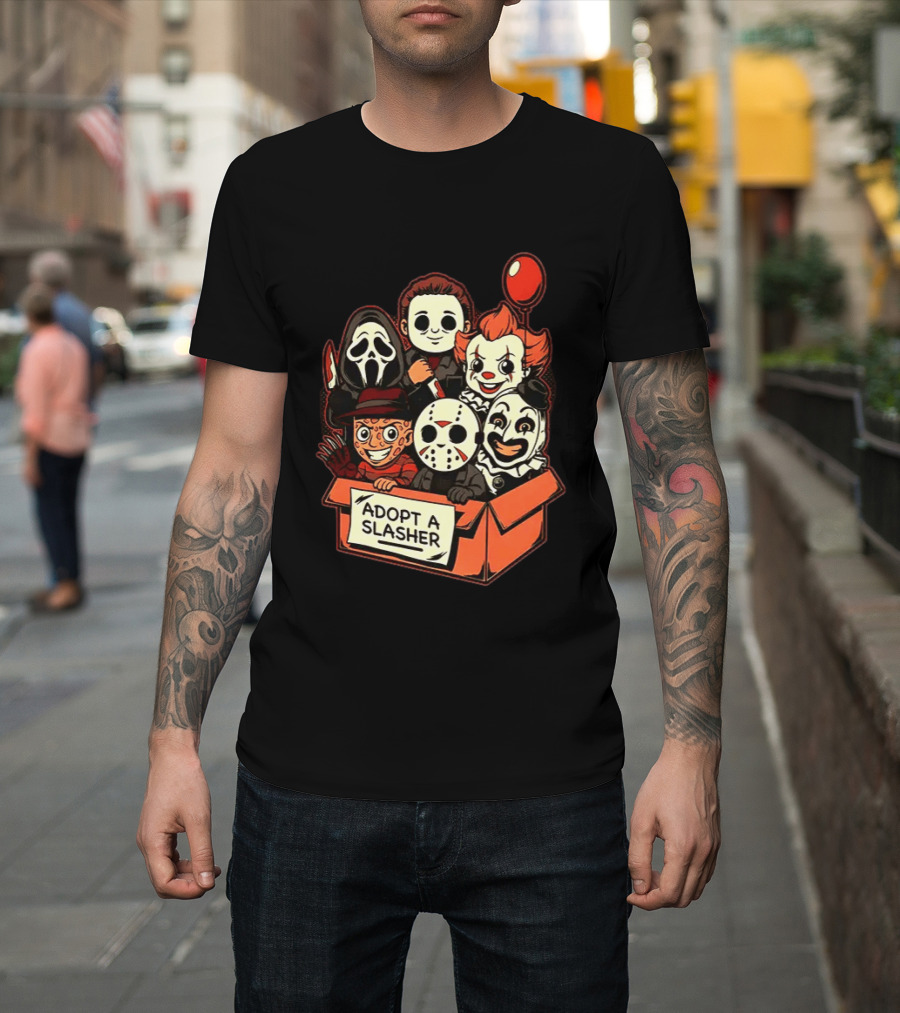 Adopt A Slasher Horror Characters Halloween Box With Iconic Balloon And Masked Monsters T-Shirt