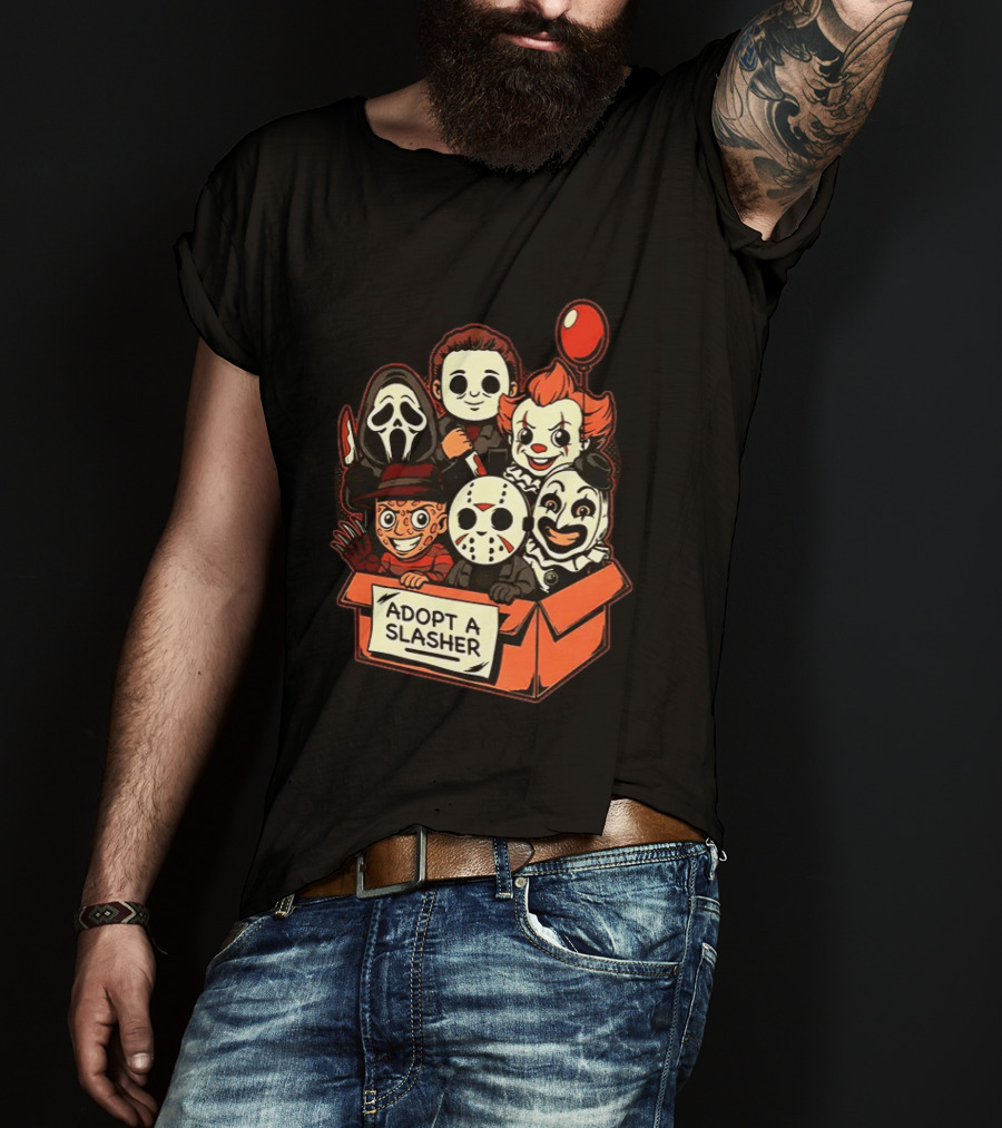 Adopt A Slasher Horror Characters Halloween Box With Iconic Balloon And Masked Monsters T-Shirt