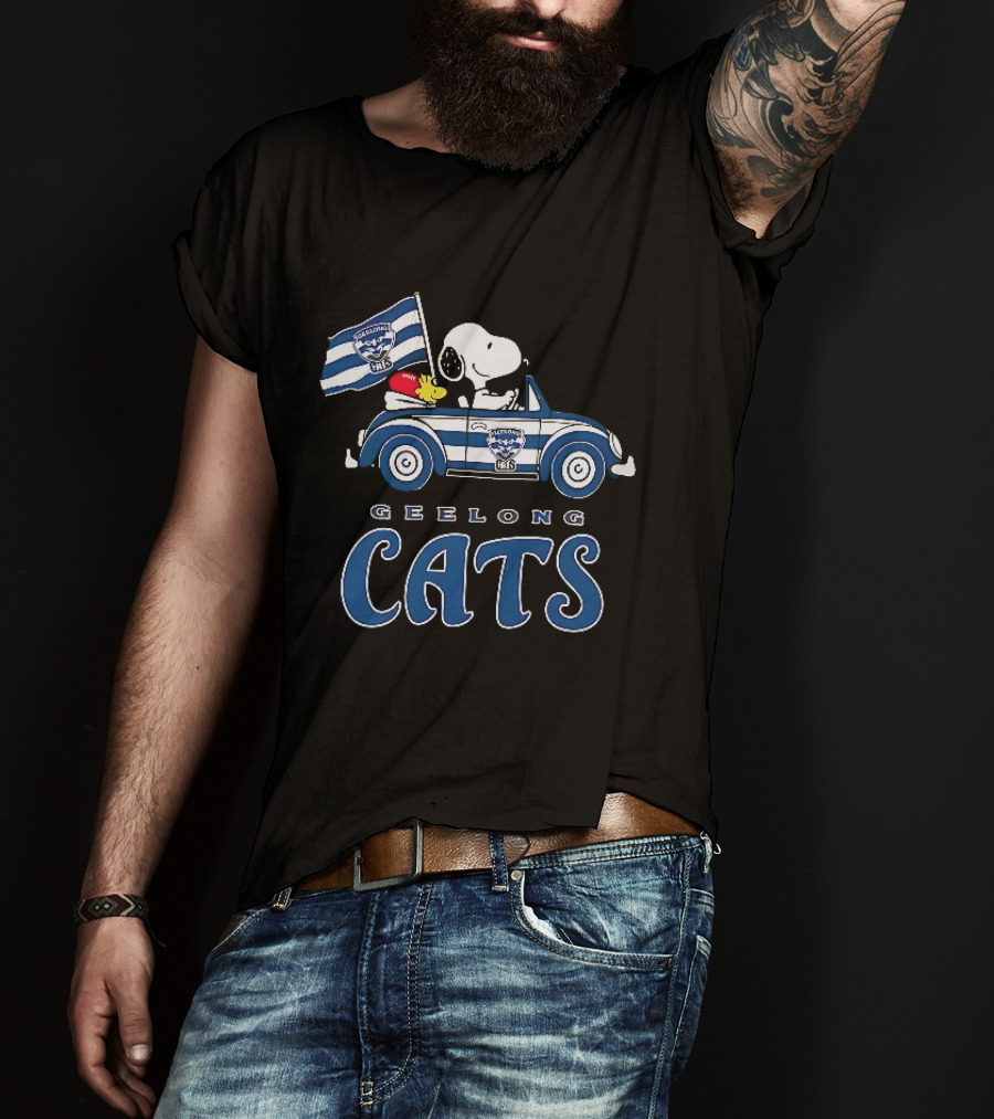 Geelong Cats Snoopy Woodstock Driving With Flag T-Shirt