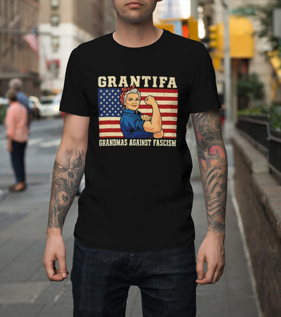 Grantifa Grandmas Against Fascism Rosie Riveter USA Flag T-Shirt