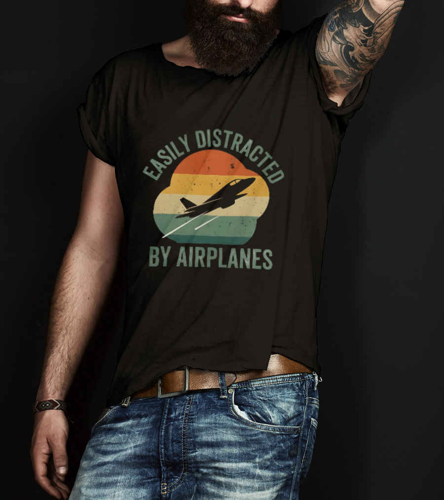 Easily Distracted By Airplanes Retro Jet Vintage Stripes T-Shirt