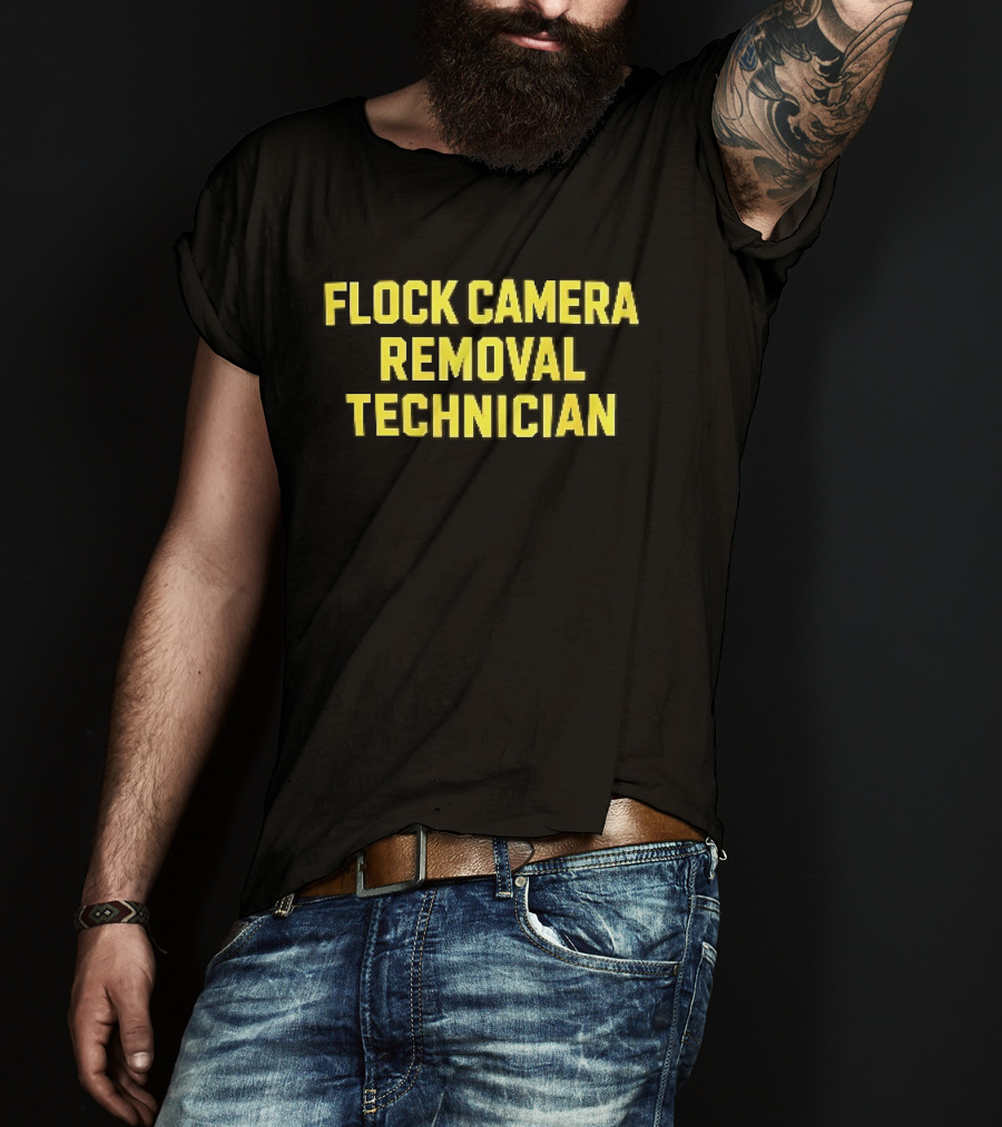 Flock Camera Removal Technician Yellow Varsity Block T-Shirt