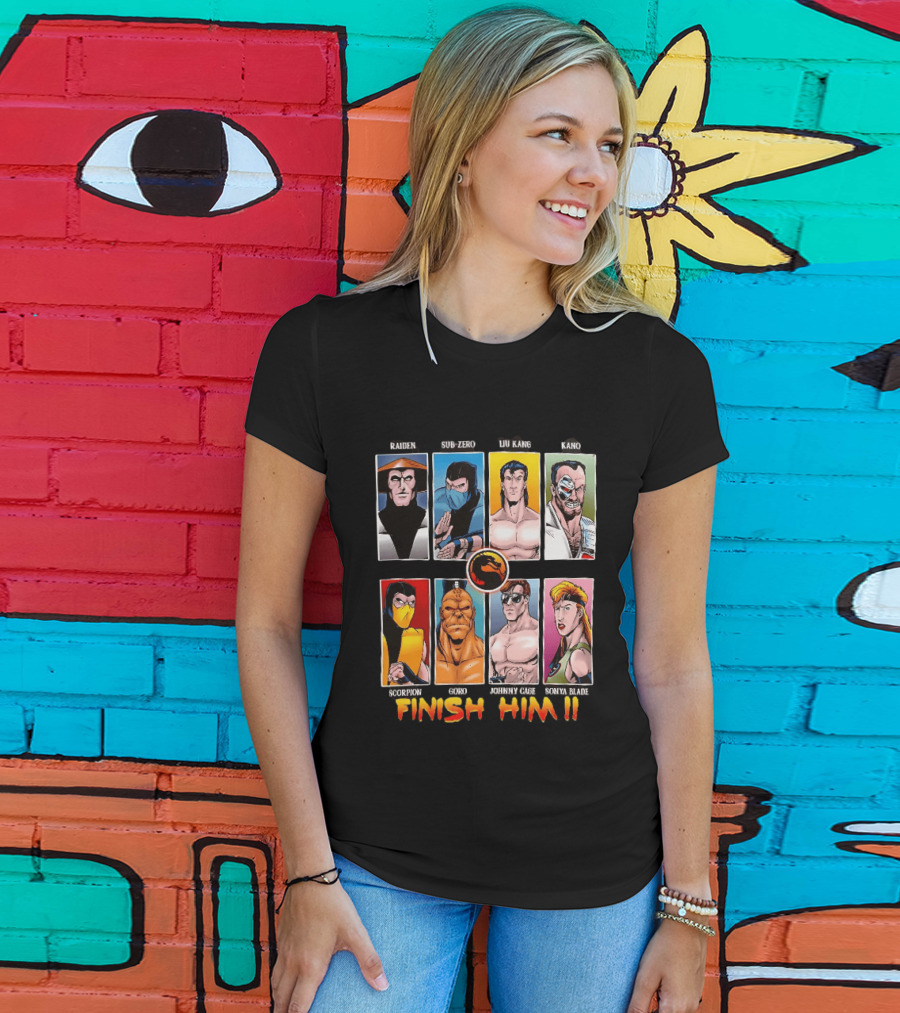 Raiden Sub Zero Liu Kang Kano Scorpion Goro Johnny Cage Sonya Blade Finish Him Mortal Kombat T-Shirt