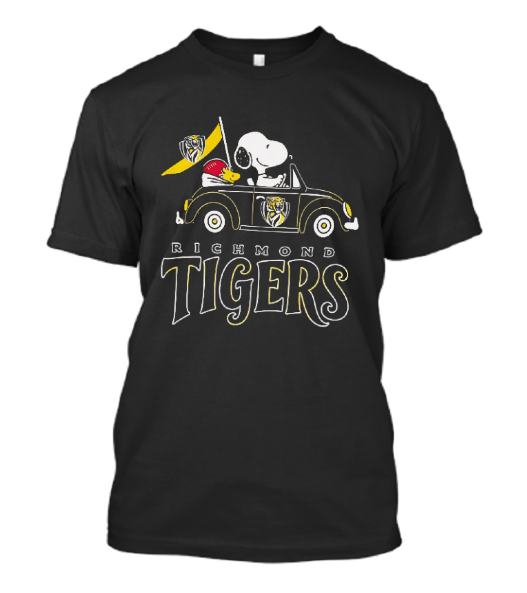 Richmond Tigers Snoopy Woodstock Driving Beetle Car T-Shirt