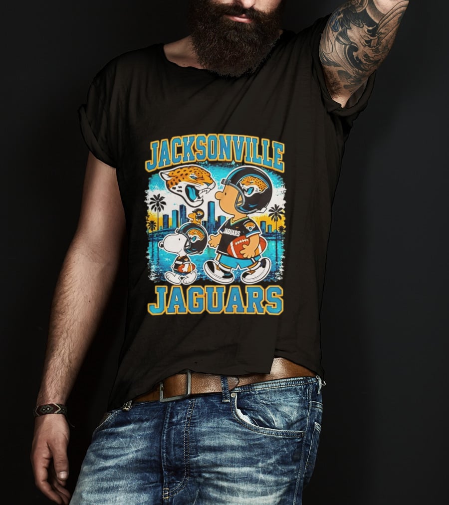 Jacksonville Jaguars Snoopy Woodstock Skyline 2026 Football T-Shirt