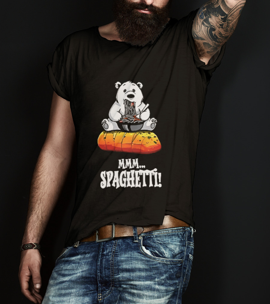 Mmm Spaghetti Cartoon Polar Bear Enjoying Pasta On Garlic Bread T-Shirt