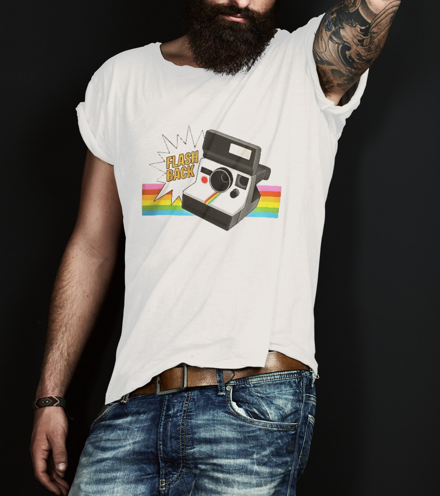 Flash Back Instant Camera Rainbow Stripe Starburst T-Shirt