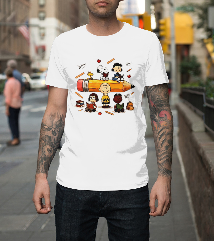 Charlie's Giant Pencil Peanuts Cartoon School Supplies Snoopy Woodstock T-Shirt